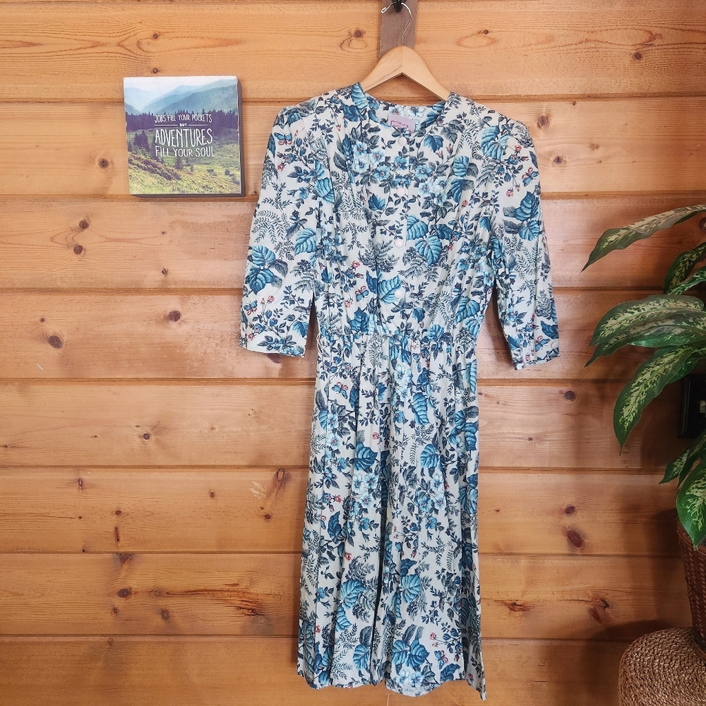 California Looks 💜 Vintage Floral Puff 3/4 Midi Tea Dress Linen Blend Pleat 10P